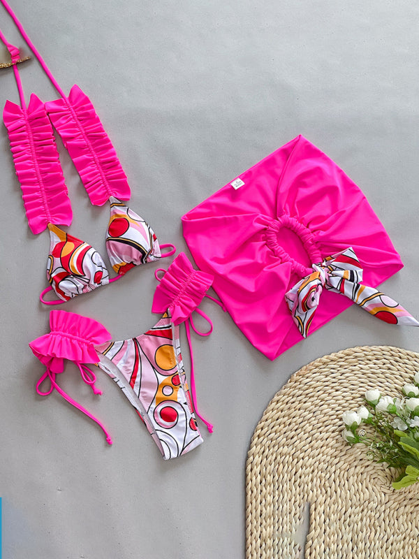 Printed Three-piece Ruffled Edge Split Bikini Swimsuit