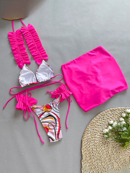 Printed Three-piece Ruffled Edge Split Bikini Swimsuit