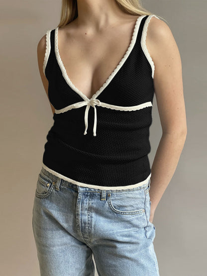 Deep-V Bow Lace Knit Tank Top