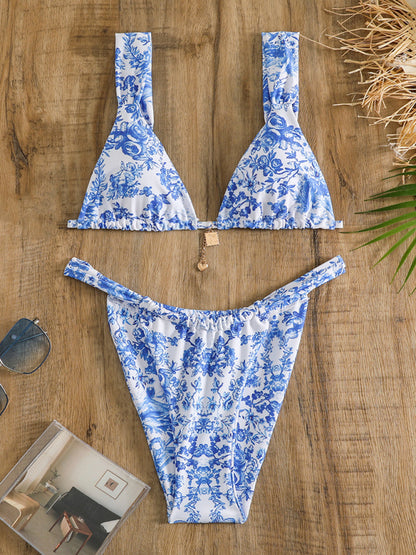 Blue Floral Print Wide Strap Bikini Swimsuit