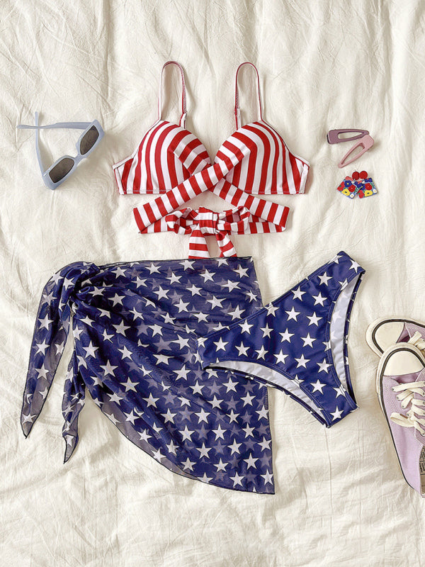 Flag Print Stars and Stripes Three-piece Bikini Swimsuit Set