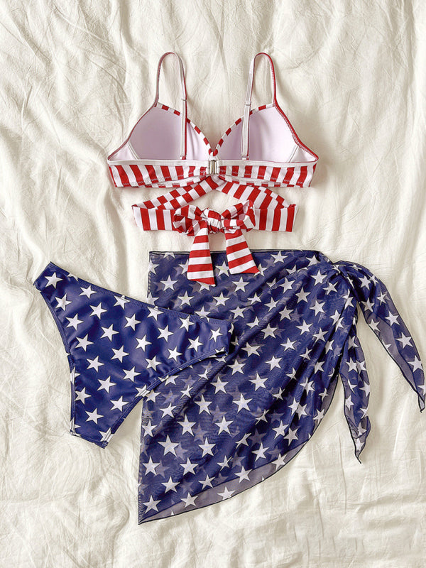 Flag Print Stars and Stripes Three-piece Bikini Swimsuit Set