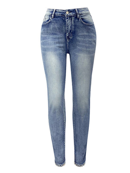 Washed Look Beaded Butterfly Denim Pencil Jeans