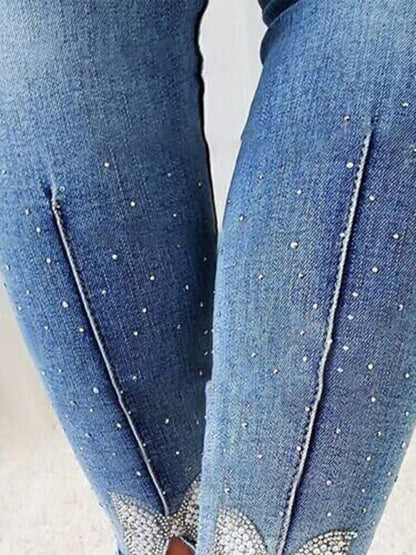 Washed Look Beaded Butterfly Denim Pencil Jeans