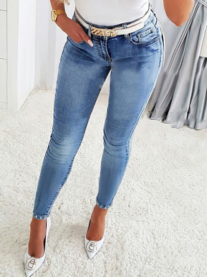 Washed Look Beaded Butterfly Denim Pencil Jeans