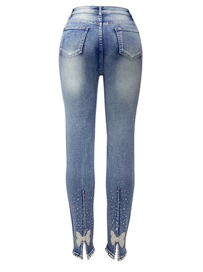 Washed Look Beaded Butterfly Denim Pencil Jeans