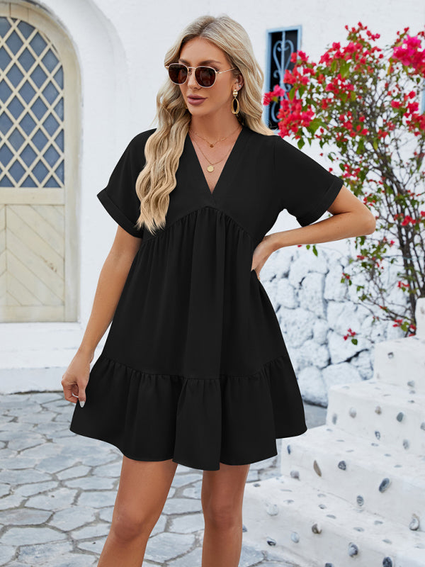 V-neck Solid Color Short-sleeved Pleated Loose Mini Dress