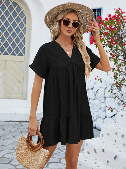 V-neck Solid Color Short-sleeved Pleated Loose Mini Dress