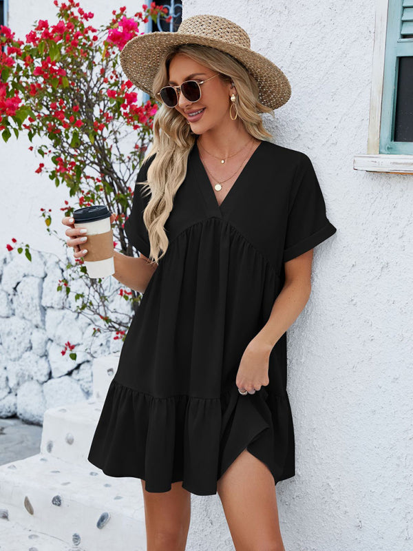 V-neck Solid Color Short-sleeved Pleated Loose Mini Dress