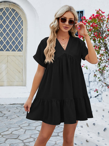 V-neck Solid Color Short-sleeved Pleated Loose Mini Dress