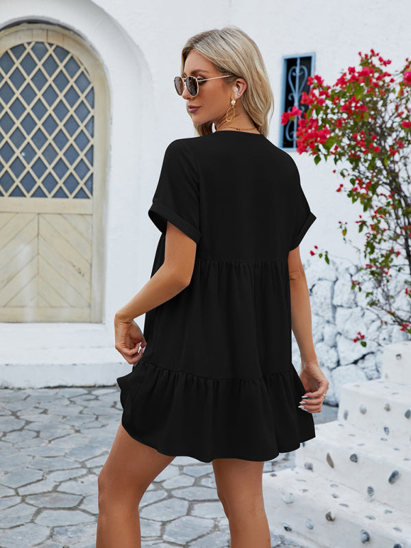 V-neck Solid Color Short-sleeved Pleated Loose Mini Dress