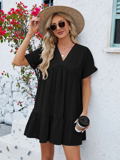 V-neck Solid Color Short-sleeved Pleated Loose Mini Dress