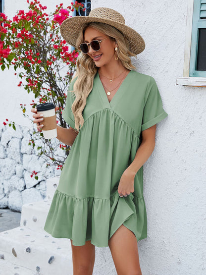 V-neck Solid Color Short-sleeved Pleated Loose Mini Dress