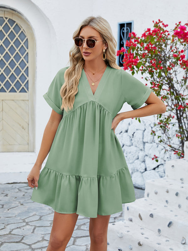 V-neck Solid Color Short-sleeved Pleated Loose Mini Dress