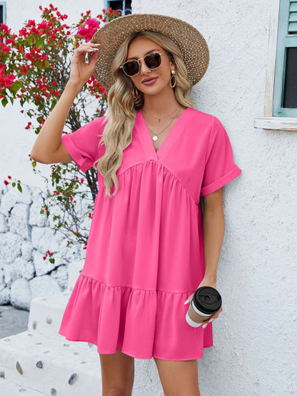 V-neck Solid Color Short-sleeved Pleated Loose Mini Dress