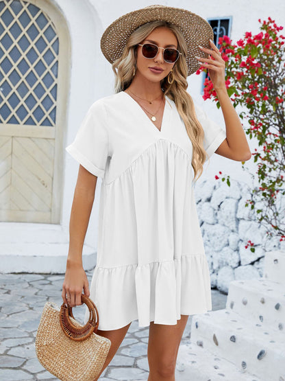 V-neck Solid Color Short-sleeved Pleated Loose Mini Dress