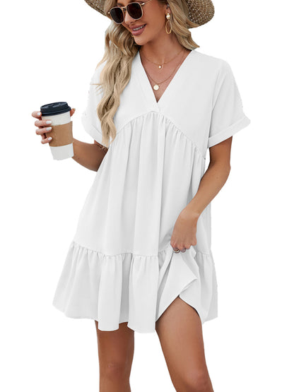 V-neck Solid Color Short-sleeved Pleated Loose Mini Dress