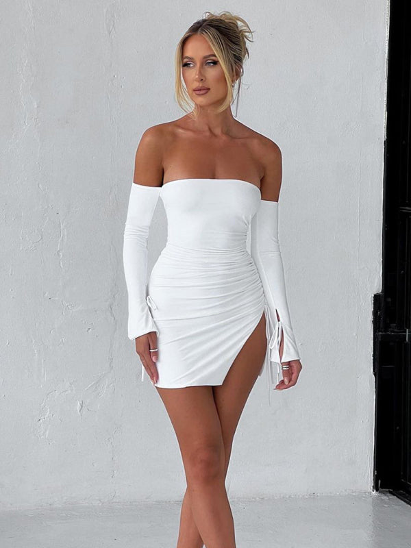 Sexy Off-shoulder Long Sleeve Mini Party Dress with Slits