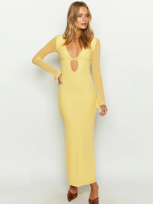 Sexy Deep V-neck Hollow Mesh Long Sleeve Maxi Party Dress