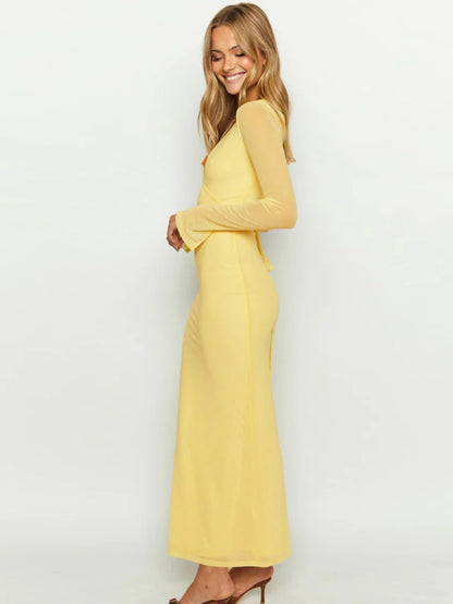 Sexy Deep V-neck Hollow Mesh Long Sleeve Maxi Party Dress