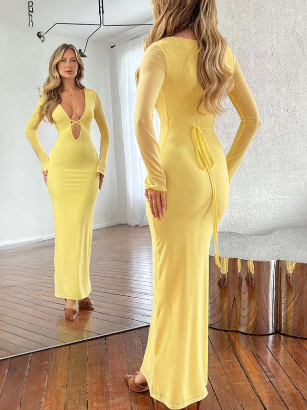 Sexy Deep V-neck Hollow Mesh Long Sleeve Maxi Party Dress