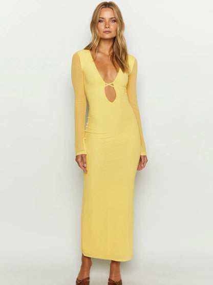 Sexy Deep V-neck Hollow Mesh Long Sleeve Maxi Party Dress