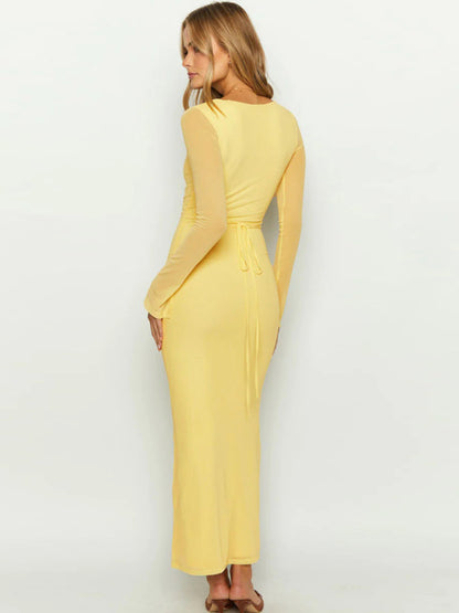 Sexy Deep V-neck Hollow Mesh Long Sleeve Maxi Party Dress