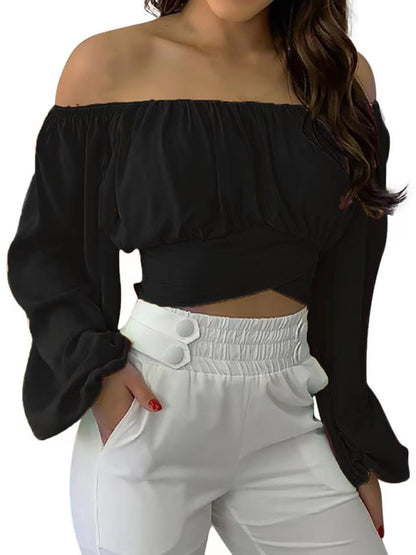 Off-shoulder Cross Strap Long Sleeve Top