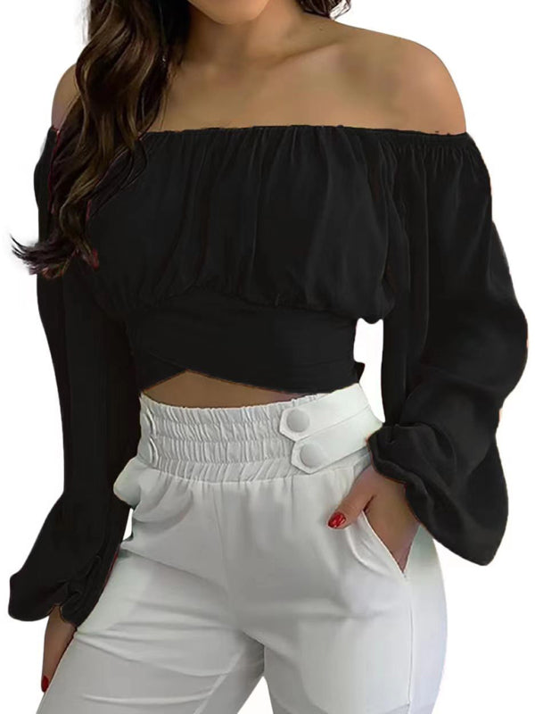 Off-shoulder Cross Strap Long Sleeve Top