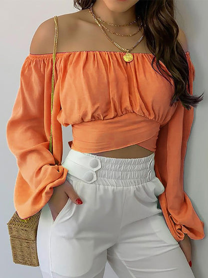 Off-shoulder Cross Strap Long Sleeve Top