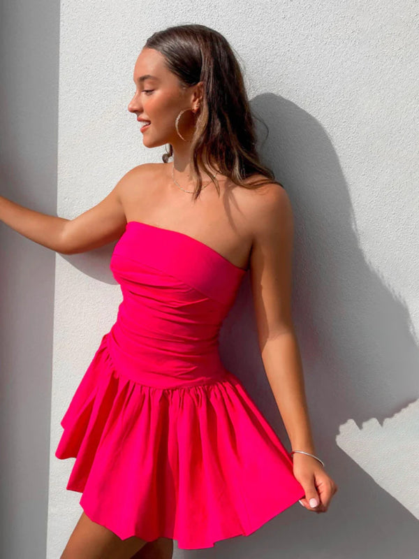 Pleated Strapless Sleeveless Mini Dress