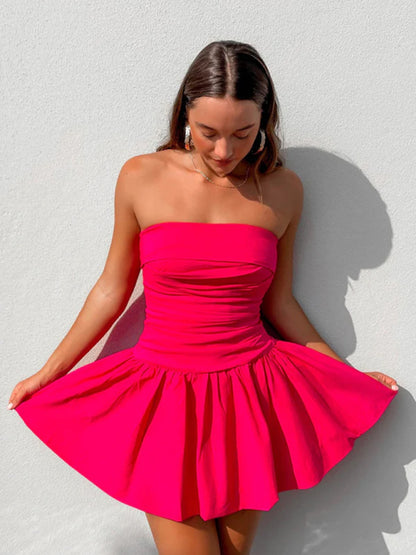 Pleated Strapless Sleeveless Mini Dress