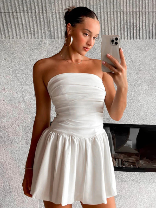 Pleated Strapless Sleeveless Mini Dress