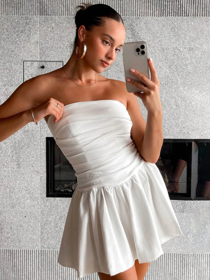 Pleated Strapless Sleeveless Mini Dress