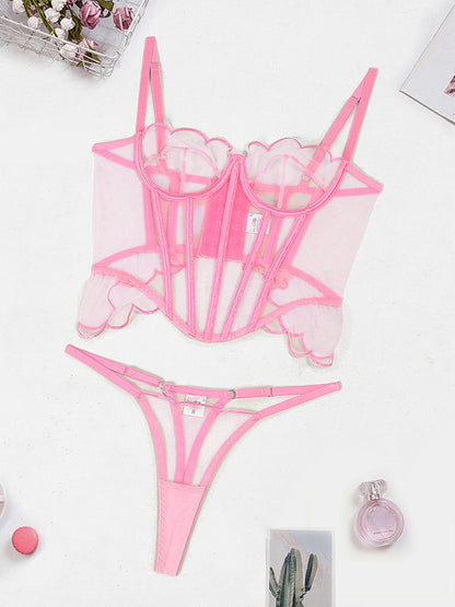 Pink Body Shaping Wavy Mesh Edge See-through Sexy Lingerie Two-piece Set