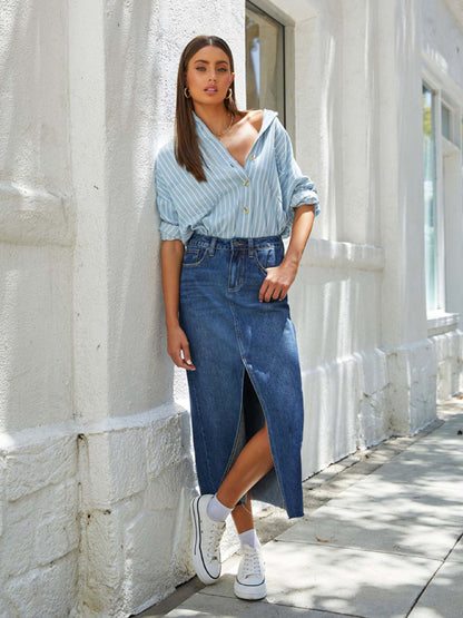 Front Slit High-waist A-line Mid Length Denim Skirt