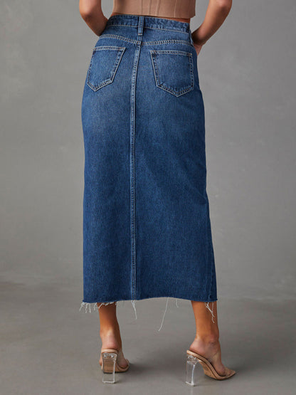 Front Slit High-waist A-line Mid Length Denim Skirt