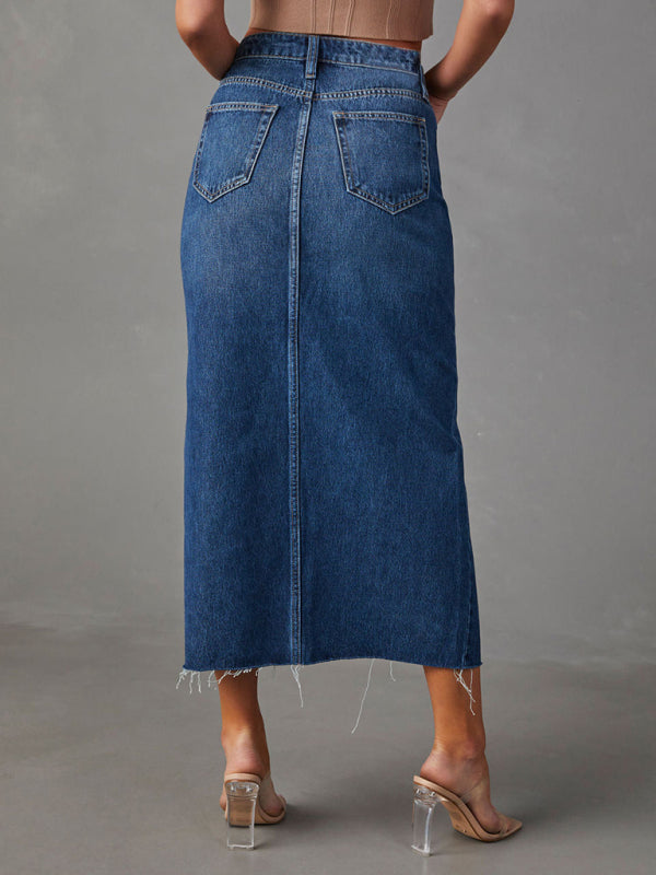 Front Slit High-waist A-line Mid Length Denim Skirt