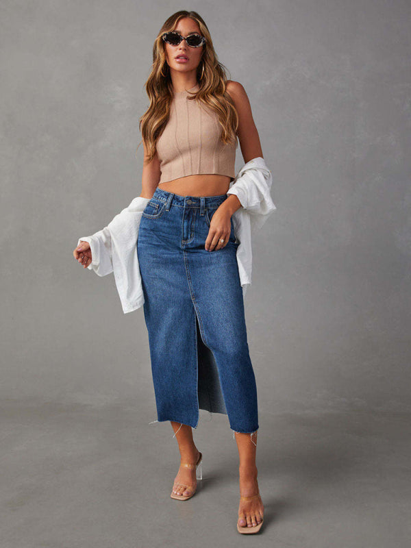 Front Slit High-waist A-line Mid Length Denim Skirt