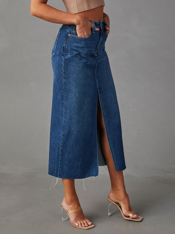 Front Slit High-waist A-line Mid Length Denim Skirt