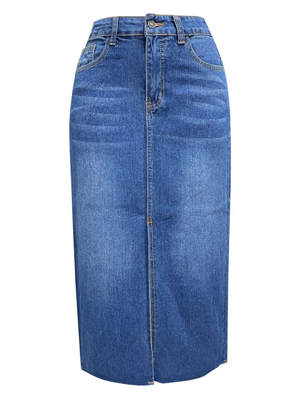 Front Slit High-waist A-line Mid Length Denim Skirt