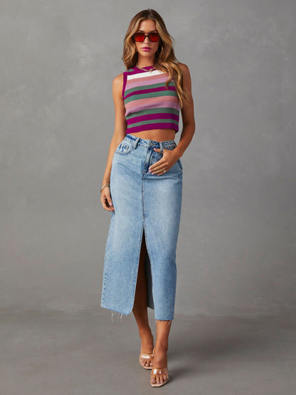 Front Slit High-waist A-line Mid Length Denim Skirt