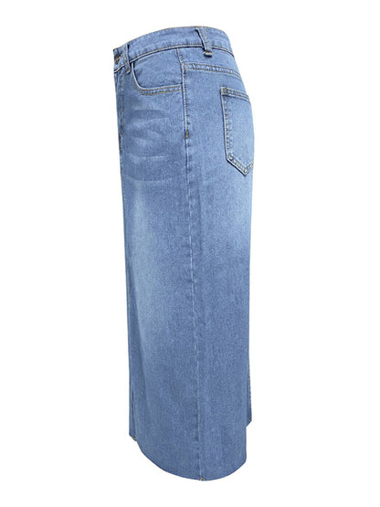 Front Slit High-waist A-line Mid Length Denim Skirt