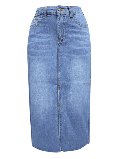 Front Slit High-waist A-line Mid Length Denim Skirt