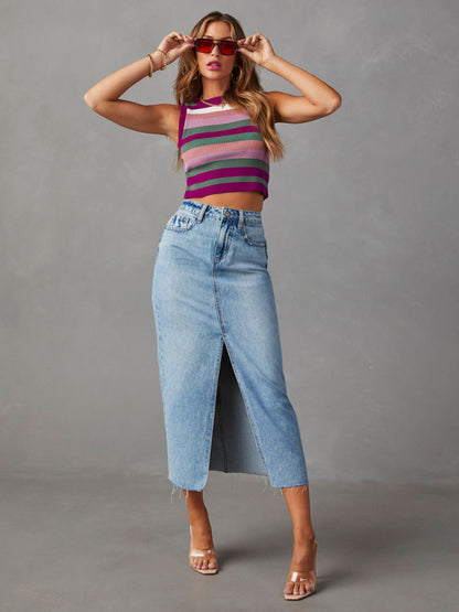 Front Slit High-waist A-line Mid Length Denim Skirt