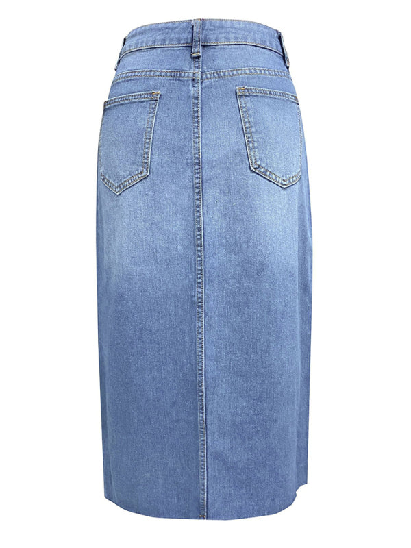 Front Slit High-waist A-line Mid Length Denim Skirt