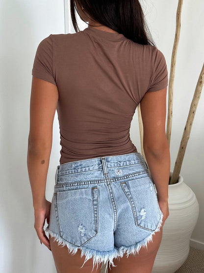 Y2K Style Solid Color Slimming Short-sleeved T-shirt