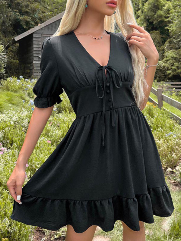 Slim Fit Ruffle Skirt Black Mini Dress