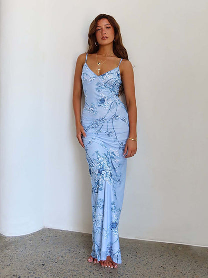 Designed Vacation Casual Slimming Printed Halter Maxi Dress