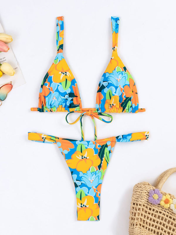 Sexy Vacation Strap Floral Print Split Bikini Swimsuit